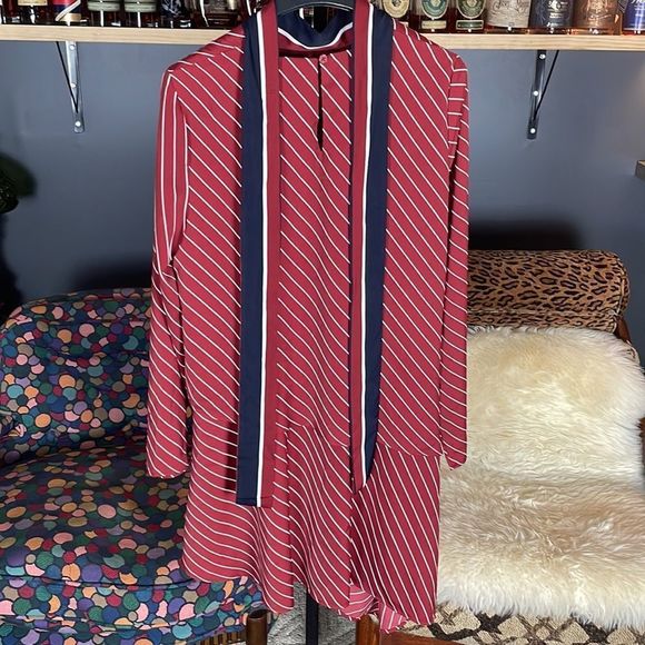 Who What Wear NWT merlot white navy striped asymmetrical hem long sleeve dress - Picture 3 of 16